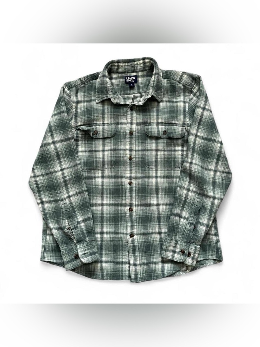 Lands' End Men's Teal Plaid Button-Down Flannel Shirt